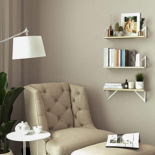 Wallniture Minori Floating Shelves for Wall Storage, Floating Bookshelf Set of 3, Bathroom and Kitchen Organizer Natural Wood Wall Shelves with White Brackets