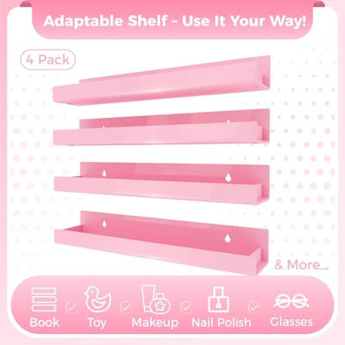 4 Pack 15 Inch Pink Acrylic Floating Wall Shelves, Kids Bookshelf