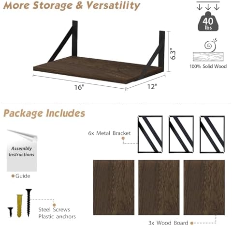Forbena 12 Inch Deep Floating Shelves for Wall Set of 3, Wooden Wall Bookshelf for Bedroom Books, Rustic Wood Hanging Bookshelves for Bathroom Living Room Office Storage (Dark Brown)