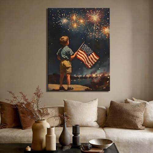 RIBNTAK Patriotic 4th of July Fireworks and American Flag Canvas Wall Art, Little Boy with US Flag Painting, Independence Day Wall Decor for Living Room, Bedroom, Home and Office, Made in USA