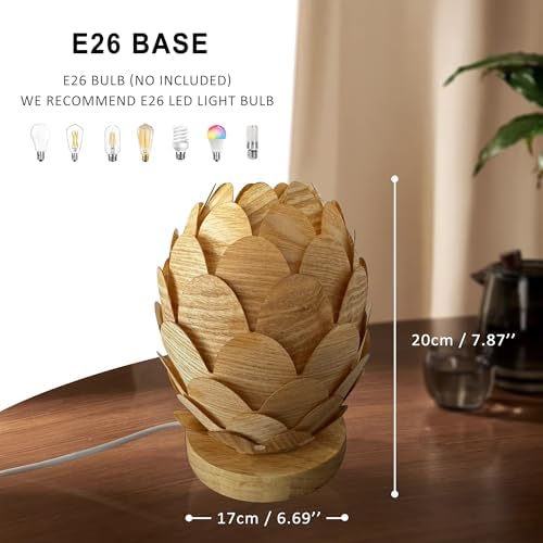 Boho Wooden Flower Table Lamp with Handmade Natural Base, Small Vintage Woven Rattan Wicker Nightstand Cute Desk Lamp, Bedside Bamboo End Table Lights for Bedroom, Living Room, Kitchen Island