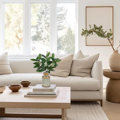 DILATATA 2Pcs Artificial Laurel Stems in Glass Vase with Faux Water and Woven Basket 11" Fake Greenery Plant Bay Leaves for Home Office Farmhouse Bathroom Bedroom Kitchen Table Centerpiece Decor