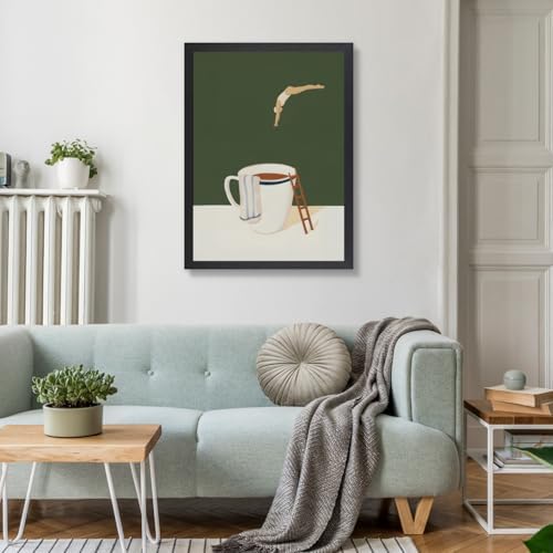 Cyebmo Modern Coffee Wall Art, Funny Diver Wall Decor, Vintage Kitchen Wall Decor, Minimalist Cafe Canvas Painting, Green Abstract Espresso Artwork for Kitchen Cafe Coffee Bar Wood Framed 12x16 Inch