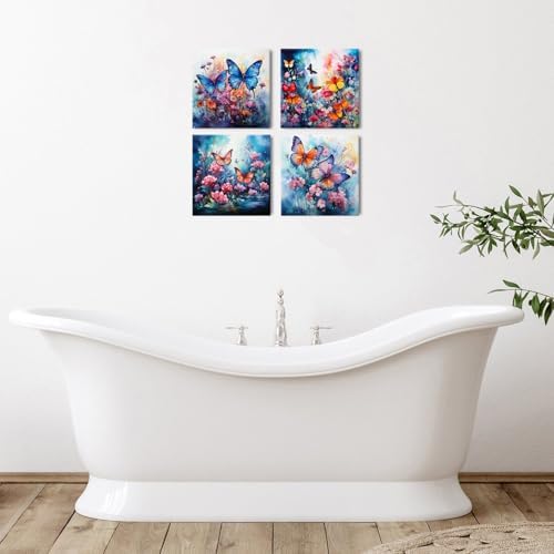 Abstract Wildflower Canvas Wall Art Bathroom Decor Colorful Butterfly Canvas Prints Pictures Watercolor Daisy Poppy Floral Nature Flowers Artwork for Living Room Bedroom Home Decorations 16x16" 4Pcs