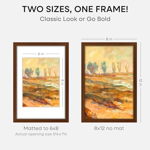 Homeforia 8x12 Brown Oak Picture Frame, High-End Wood, 6x8 Mat, Glass