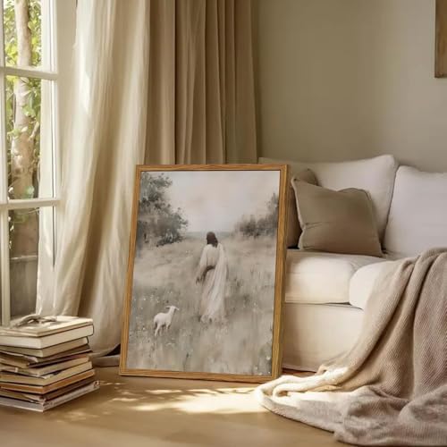 Jesus Leaves The 99 Sheep Wall Art Painting, Vintage Shepherd Christian Wall Decor Lost Lamb Religion Artwork 3D Textured Hand Drawn Sandstone for Living Prayer Room Bedroom 16x24 inch Wood Framed