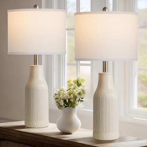 24.5" Ceramic Table Lamps Set of 2, Modern Farmhouse Bedside Lamps for Bedroom Nightstand, Small Table Lamp for Living Room End Table, Beige (2 LED Bulbs Included)