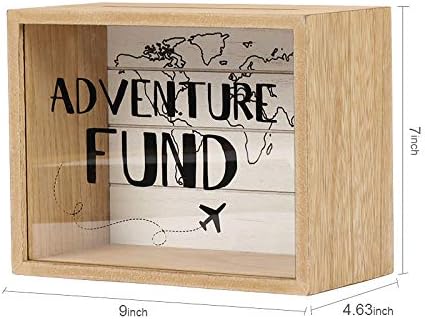 Hanna Roberts Card and Adventure Fund Wood Box with World Map and Plane Design for Weddings, Birthdays, Graduations, Baby and Bridal Showers, 9" x 5.5" x 7", Adventure Fund