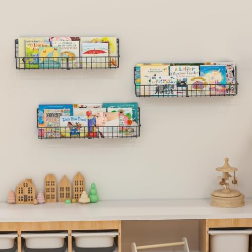 X-cosrack 24 Inch Wall Mounted Kids Bookshelf, Floating Metal Book Shelves for Kids Nursery Toddler Classroom, Hanging Book Shelf Organizer for Room Decor, Black, Set of 4