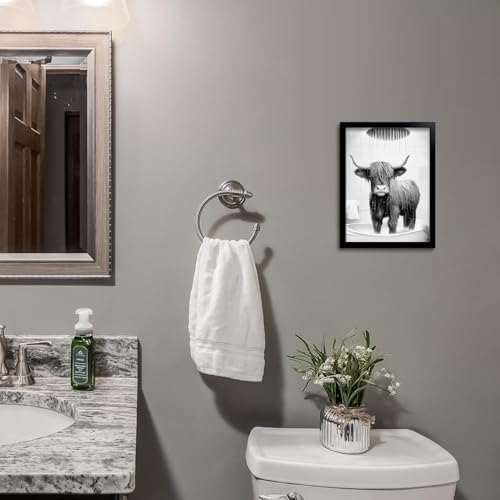 OIQArtOIQ Funny Bathroom Framed Wall Art Black and White Animal Canvas Wall Art Prints Highland Cow Shower Pictures Wall Decor Modern Minimalist Humorous Artwork For Restroom