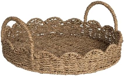 Household Essentials Round Handwoven Seagrass Tray with Scalloped Edge and Handles, Natural