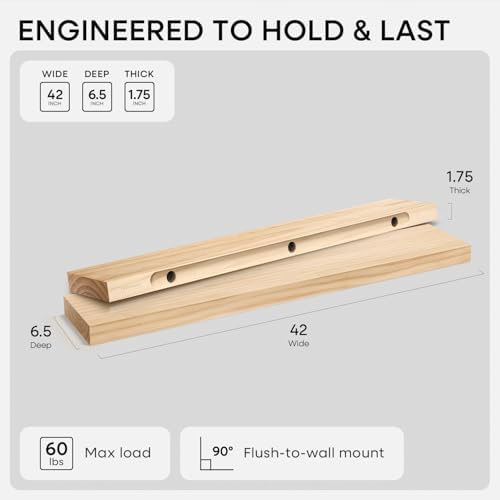 Homeforia 42 Inch Floating Shelves, High-End Solid Pine Wood, Set of 2