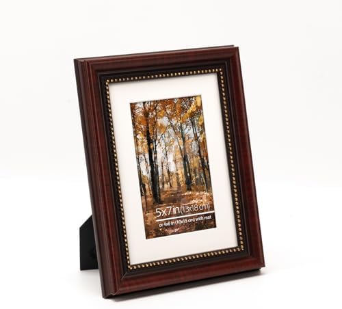Ornate Cherry Wooden Vintage Picture Frames, 5x7 inches, Beaded Inner Border, Wall Mount/Table Top, Mat for 4x6 Photos, Set of 2