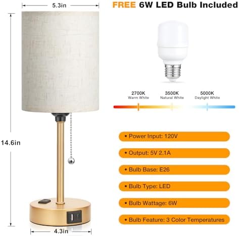 Small Bedside Table Lamp for Bedroom, Desk Lamp with USB Ports for Dorm