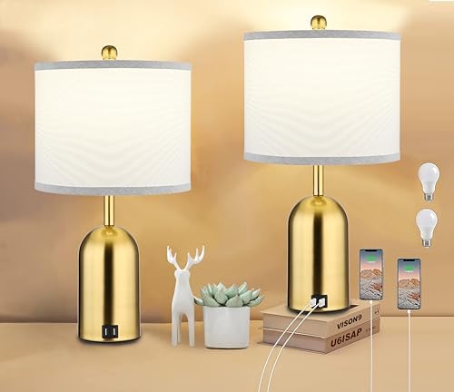 Ldeco Touch Dimmer Table Lamp for Bedroom,Bedside Lamp with USB Port Elegant Nightstand Lamp with Fabric Shade,Gold Modern Desk Lamp for Living Room,Office,Bulb incl. (Modern)