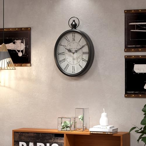 Menterry Large Oval Retro Wall Clock, Rustic Vintage Style, Antique Black