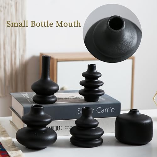 Black Ceramic Bud Vase, Small Vase Set of 5, Mini Vases in Bulk for Flower, Decorative Vase for Home Decor, Boho Vases for Wedding Decorations Living Room Dining Table Shelves Decor