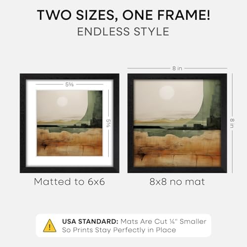 Homeforia 8x8 Black Oak Picture Frame, High-End Wood, 6x6 Mat, Glass