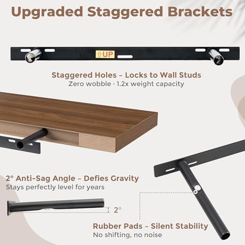 FLYJOE 32 Inch Floating Shelves for Wall Set of 2, 6.5" D Wood Grain Bathroom Shelves with Invisible Brackets, Easy Install Engineered Wood Storage Shelves for Kitchen, Living Room, Bedroom