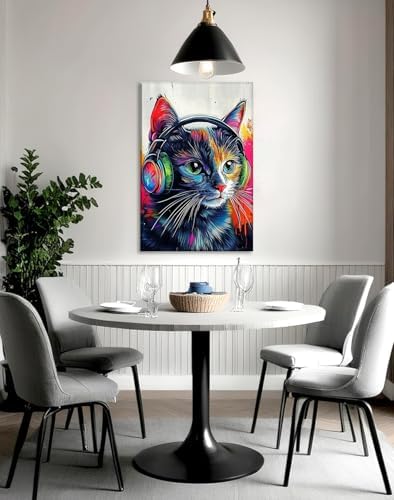 Cat Canvas Wall Art Graffiti Wall Decor Framed Funny Cat Listen to Music Picture Pet Painting Modern Pop Prints for Living Room Home Office Ready to Hang - 12.00"x18.00"