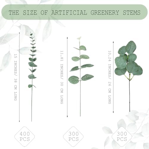 Giegxin 1000 Pcs Mixed Artificial Eucalyptus Leaves Stems Bulk Green