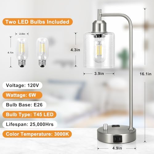 Industrial Table Lamps for Bedrooms Set of 2 - Fully Dimmable Bedside Lamps with USB A and C Ports and Outlet, Nickel Nightstand Lamps with Glass Shade for Living Room, Desk Lamps for Office Reading