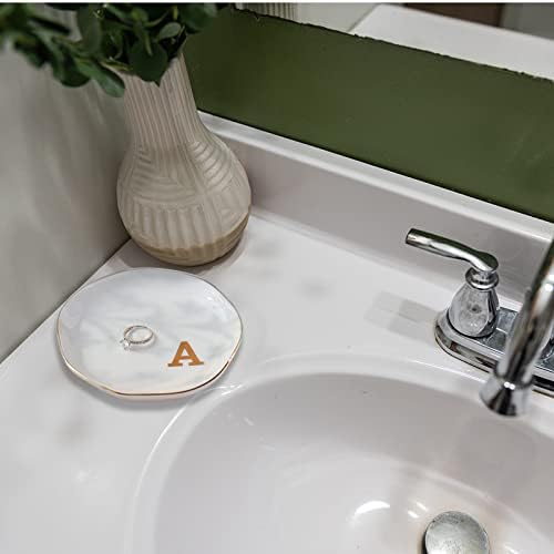 Initials Ring Dish Jewery Tray with Personalized A-Monogrammed Gifts Wedding Engagement for Women Friends sister,Ceramic White