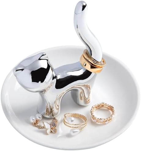 OSOPOLA Ceramic Silver Cat Jewelry Tray Ring Holder Dish Key Tray