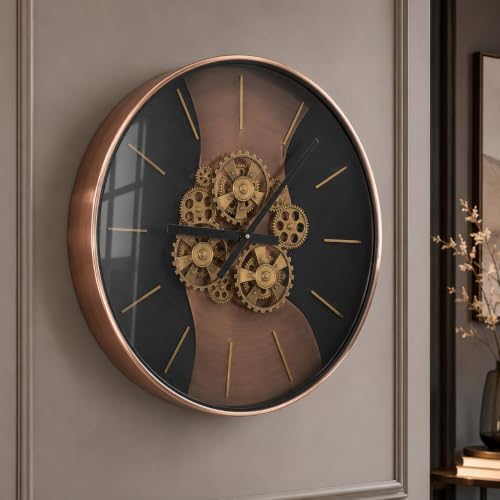 21.65 Inch Large Moving Gear Wall Clock for Living Room Decor Battery Operated Steampunk Industrial Style, Fireplace Kitchen Office Wall Decor Luxury Antique Rosegold