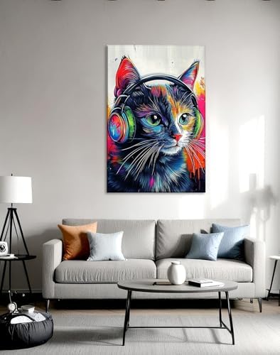 Cat Canvas Wall Art Graffiti Wall Decor Framed Funny Cat Listen to Music Picture Pet Painting Modern Pop Prints for Living Room Home Office Ready to Hang - 24.00"x36.00"