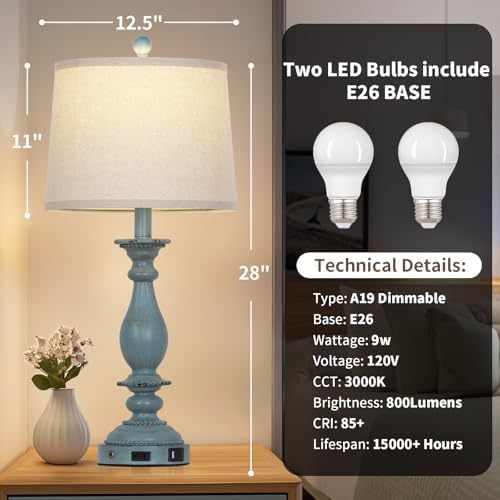 CINSARY 28" Tall Coastal Table Lamps for Living Room Set of 2, Farmhouse Rustic Blue Bedside Touch Lamp with USB C+A Ports & Outlet, 3-Way Dimmable Resin Nightstand Lamps for Bedroom Side End Table