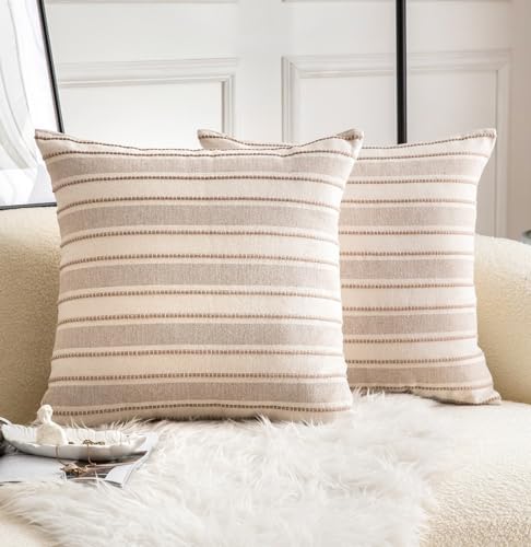 Cethom Decorative Boho Throw Pillow Covers, Farmhouse Textured Pillow Case, 20 x 20 Inch Set of 2, Chair Sofa Bedroom Living Room Home Decor Couch Cushion Case, Taupe and Beige Striped