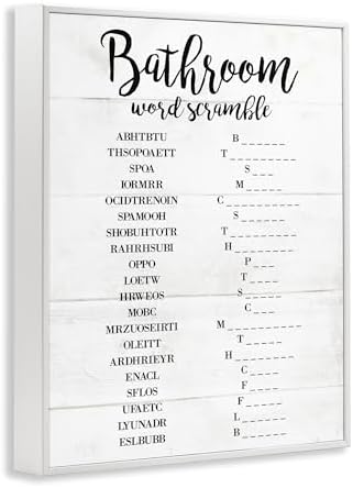 Stupell Industries 'Bathroom Word Scramble White and Black Word Design', Framed Giclee Art, White, 11 x 14 Inches, Easy to Hang and Sturdy, Made in USA, by Lil' Rue