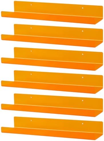 Dezzer 6 Pack Acrylic Shelves for Wall, 15" Acrylic Floating Shelves for Bathroom Bedroom, Invisible Bookshelf Wall Ledge Storage Shelf Books Perfume Toys Action Figure Display Shelves, Clear Orange