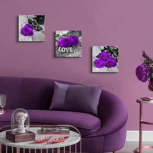 Purple Wall Decor for Bathroom Rose Flower Pictures Purple Bedroom Decor | Black and White Floral Canvas Prints Rustic Farmhouse Flower Wall Art Modern Romantic Artwork Living Room Decor 12x12" 3 Pcs