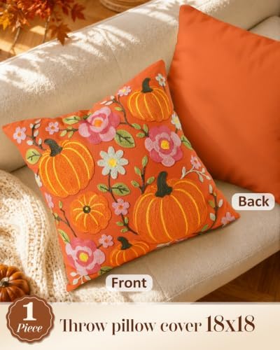 Fall Embroidered Throw Pillow Cover 18x18 Inch, Pumpkin Floral