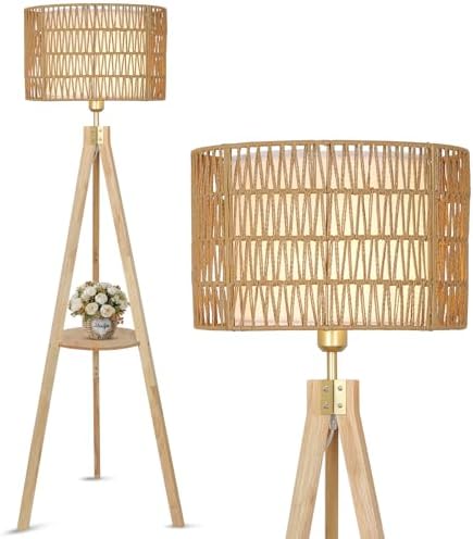 LAMSU Oak Wood Tripod Floor Lamps for Living Room, Boho Floor Lamp with Shelves, Mid Century Rattan Standing Lamp with Fabric Shade, ON/Off Switch, Farmhouse Tall Floor Lamps for Bedroom Office
