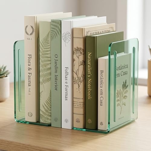 Acrimet Bookends 1 Pair, Clear Plastic Bookends for Shelves or Desktop, Book Holder for Home, Office, Library, School (Clear Green Color)