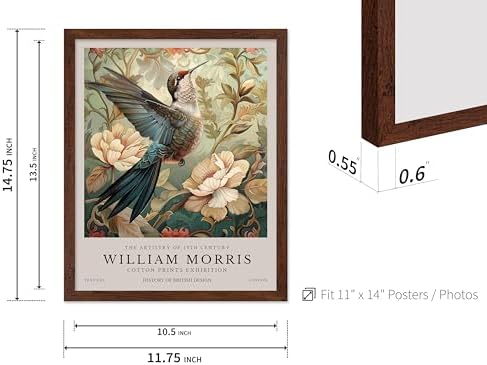 Poster Master William Morris Poster - Hummingbird Print - Bird Art - Botanical Art - Flower Design - Exhibition Artwork - Animal Illustration - Floral Illustration - Aesthetic Office or Bedroom Decor - 11x14 Brown Framed