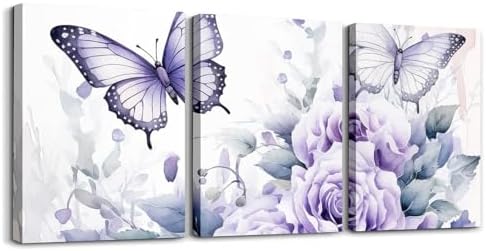 Feelyou Light Purple Rose 3 Piece Canvas Wall Art for Living Room Bedroom Butterfly Wall Art for Home Decor Floral Flower Office Wall Decor Romantic Theme Wall Painting