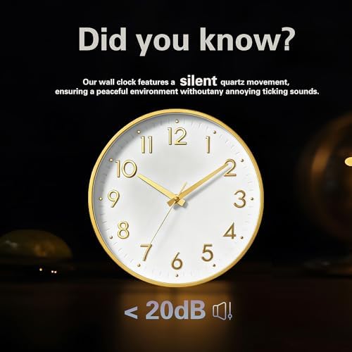 Mosewa Small 8 Inch Wall Clock Battery Operated Silent Non Ticking Analog | White Gold modern clock; oversized 3D easy-read dial for kitchen, bedroom & office; 1 AA battery (not included)