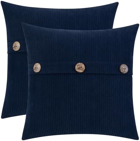 HWY 50 Navy Blue Chenille Throw Pillow Covers 18x18 Inch Buttons Pack of 2