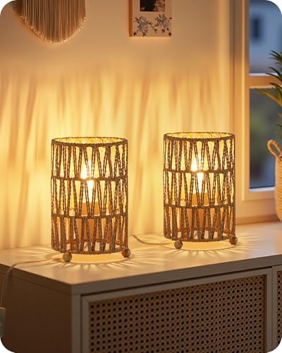 Small Rattan Table Lamps Set of 2, Boho Bedside Lamps Plug in, Handwoven Paper Rattan Lampshade, 2400K LED Bulb Included, Desk Lamp, Nightstand Lamp for Bedroom, Living Room, Mesh H11TLP205