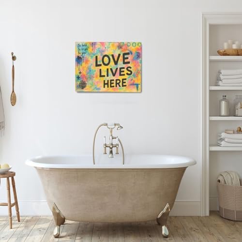 Crekviy Banksy Wall Art Street Graffti Wall Decor Romantic Love Canvas Prints Painting Love Lives Here Artwork Decorations for Bathroom Bedroom Living Room Framed Gifts 12"x16"