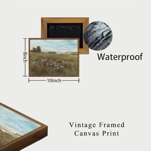 OIQArtOIQ Vintage Landscape Framed Wall Art Summer Countryside Wildflower Canvas Art Prints Farmhouse Cottagecore Pictures Wall Decor Rustic Meadow Paintings Artwork For Kitchen Bedroom Living Room