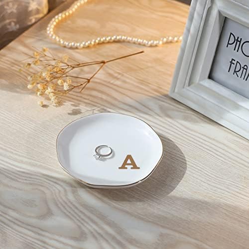 Initials Ring Dish Jewery Tray with Personalized A-Monogrammed Gifts Wedding Engagement for Women Friends sister,Ceramic White
