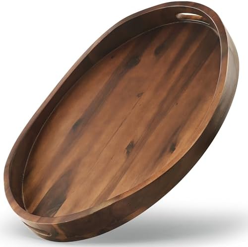 TIDITA Acacia Oval Wooden Serving Tray with Handle, 16.5"x13", Walnut Color