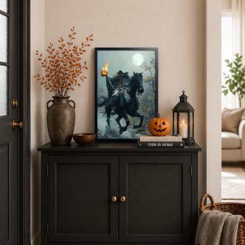 Framed Headless Horseman Halloween Wall Art, Gothic Horror Canvas Poster Print Picture, Spooky Pumpkin Rider Dark Academia Wall Decor Painting for Living Room Bedroom Bathroom Halloween Home Decor 16x24 Inch