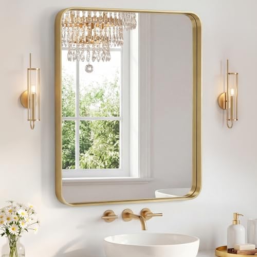 NEWBULIG 30"x36" Wall Mirror, Bathroom Mirrors for Over Sink, Gold | Matte Metal Framed Vanity Mirror with Tempered Glass, Entryway, Living Room, Bedroom