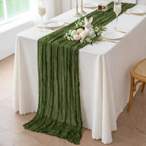 Sioloc Moss Green Cheesecloth Table Runner 120'' x 35'',Spring Easter Decor Soft Gauze Boho Wedding Table Decor for 10ft Table Birthday Party,Baby Shower, Bridal Shower, Home & Event Decor